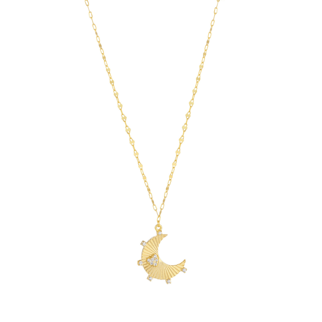 9ct Gold Moon and CZ Heart Necklace