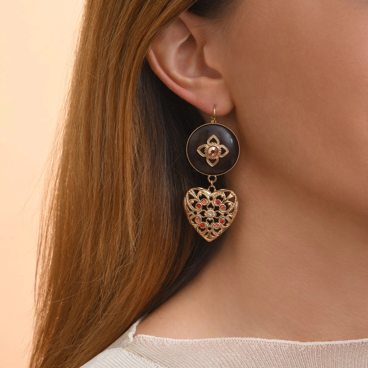 Heart red wood sleeper earrings