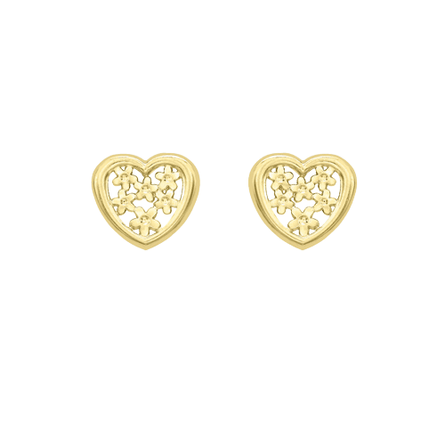 9ct Gold Flower Filled Heart Stud Earrings