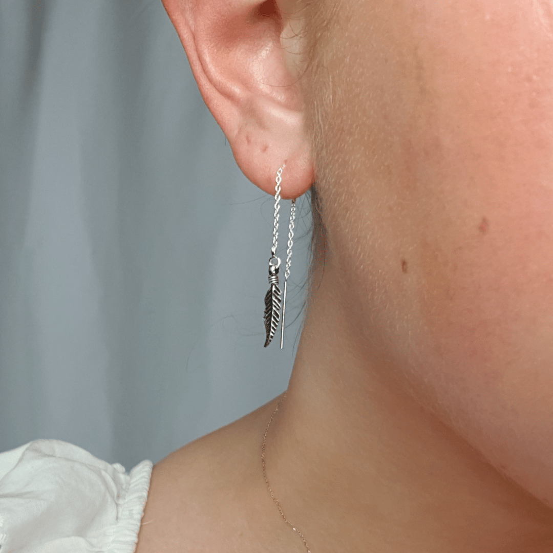 Silver Oxidized Feather Threader Earrings