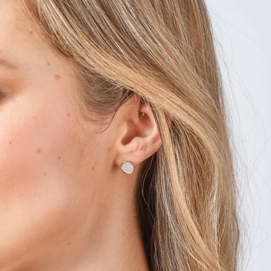 GOLD MOTHER OF PEARL DISC STUD EARRINGS