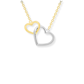 Necklace with two interlocking heart pendants, one gold and one silver
