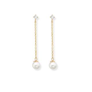 9ct Yellow Gold CZ and Pearls Chain Drop Stud Earrings