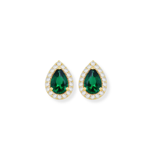 Pair of teardrop-shaped green gemstone earrings with gold and diamond accents 
