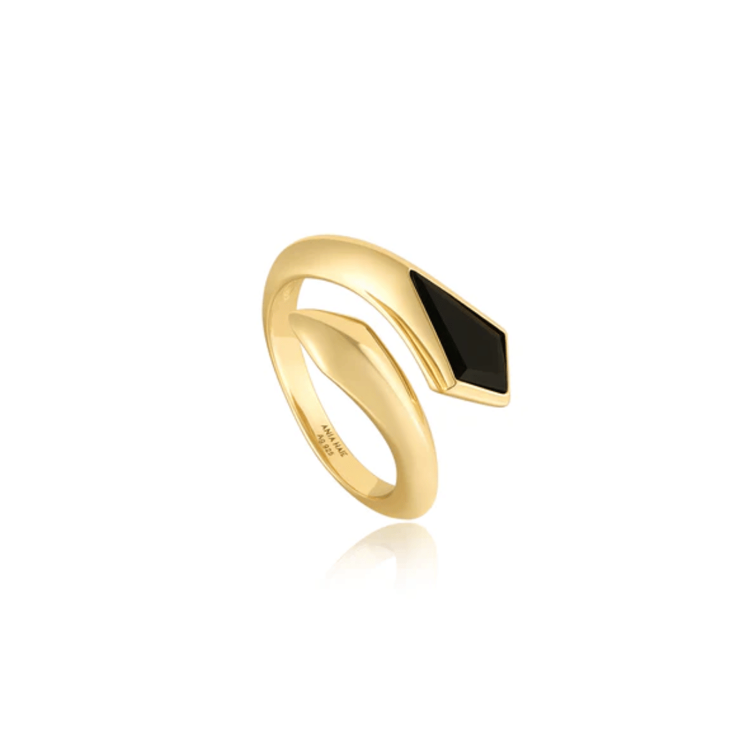 Gold Black Agate Wrap Adjustable Ring