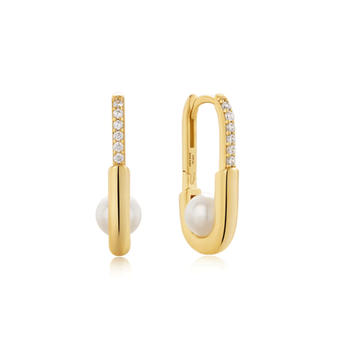 Gold Pearl Interlock Oval Hoop Earrings