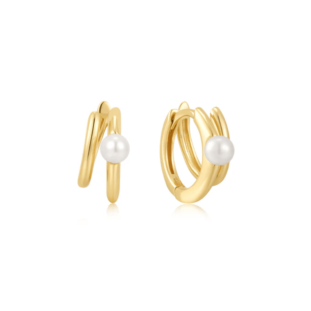 Gold Parallel Duo Freshwater Pearl Huggies