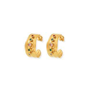 Gold hoop earrings with colorful gemstones