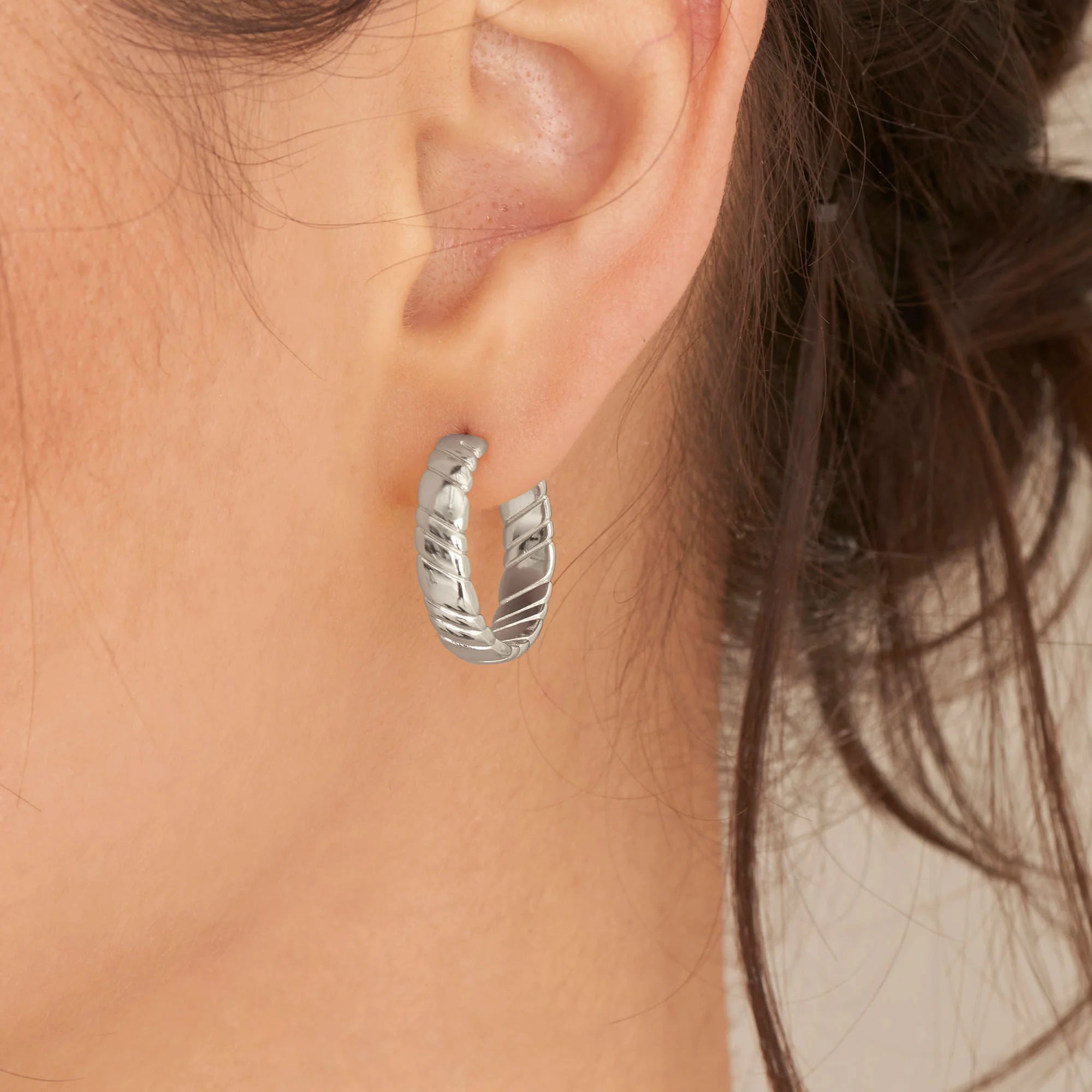 Smooth Twist Hoop Stud Earrings Silver