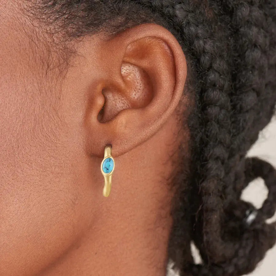 Turquoise Wave Huggie Hoop Earrings Gold