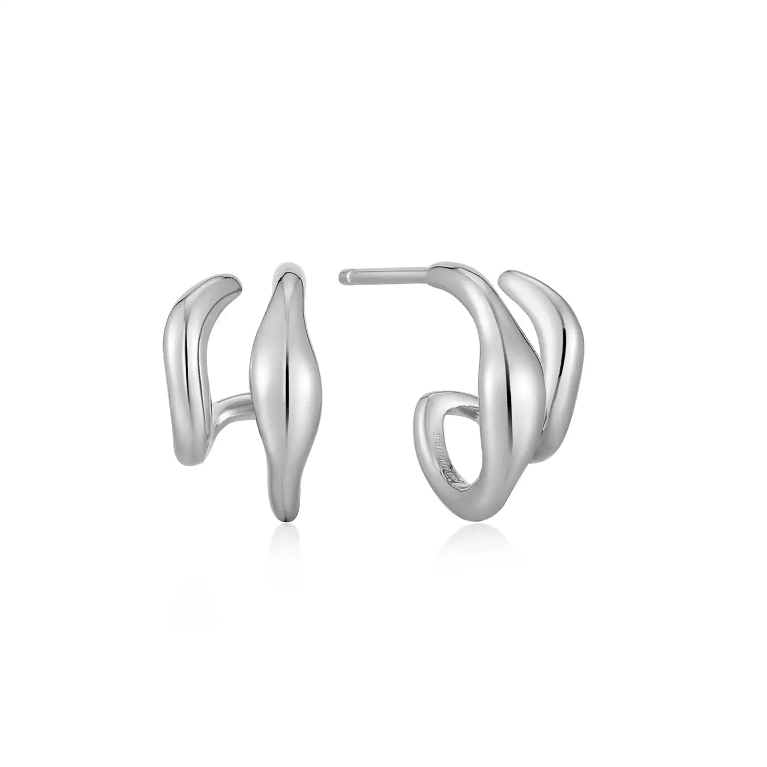 Wave Double Hoop Stud Earrings Silver