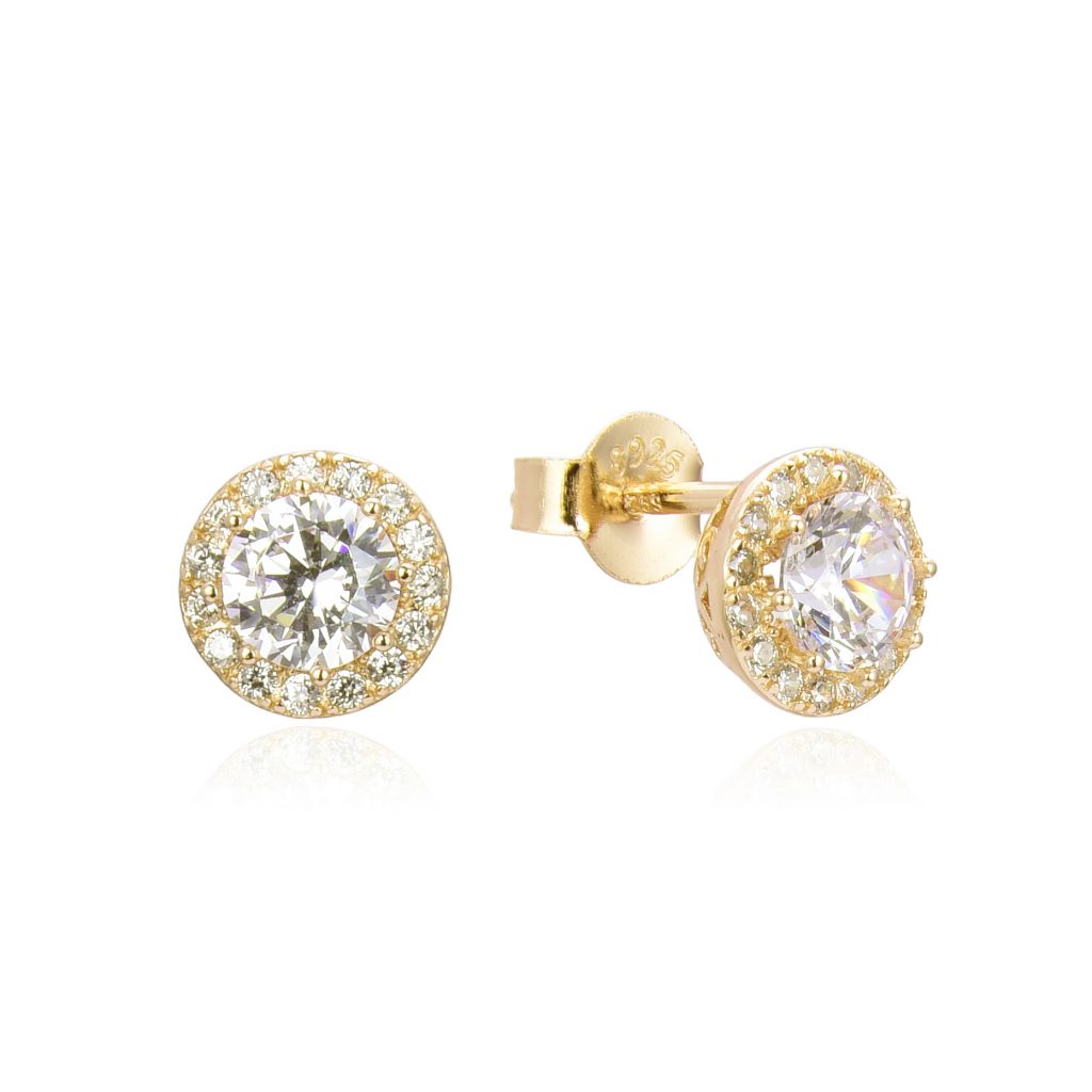 Gold Plated CZ 8mm Round Halo Stud Earrings