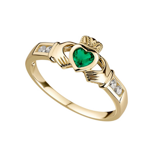 Emerald & Cz Gold Claddagh Ring