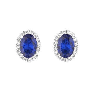 Sterling Silver Cz & Sapphire Oval Cluster Studs