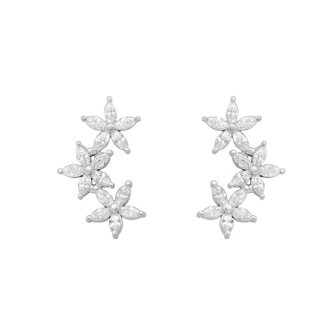 Silver CZ Flower Climber Earrings