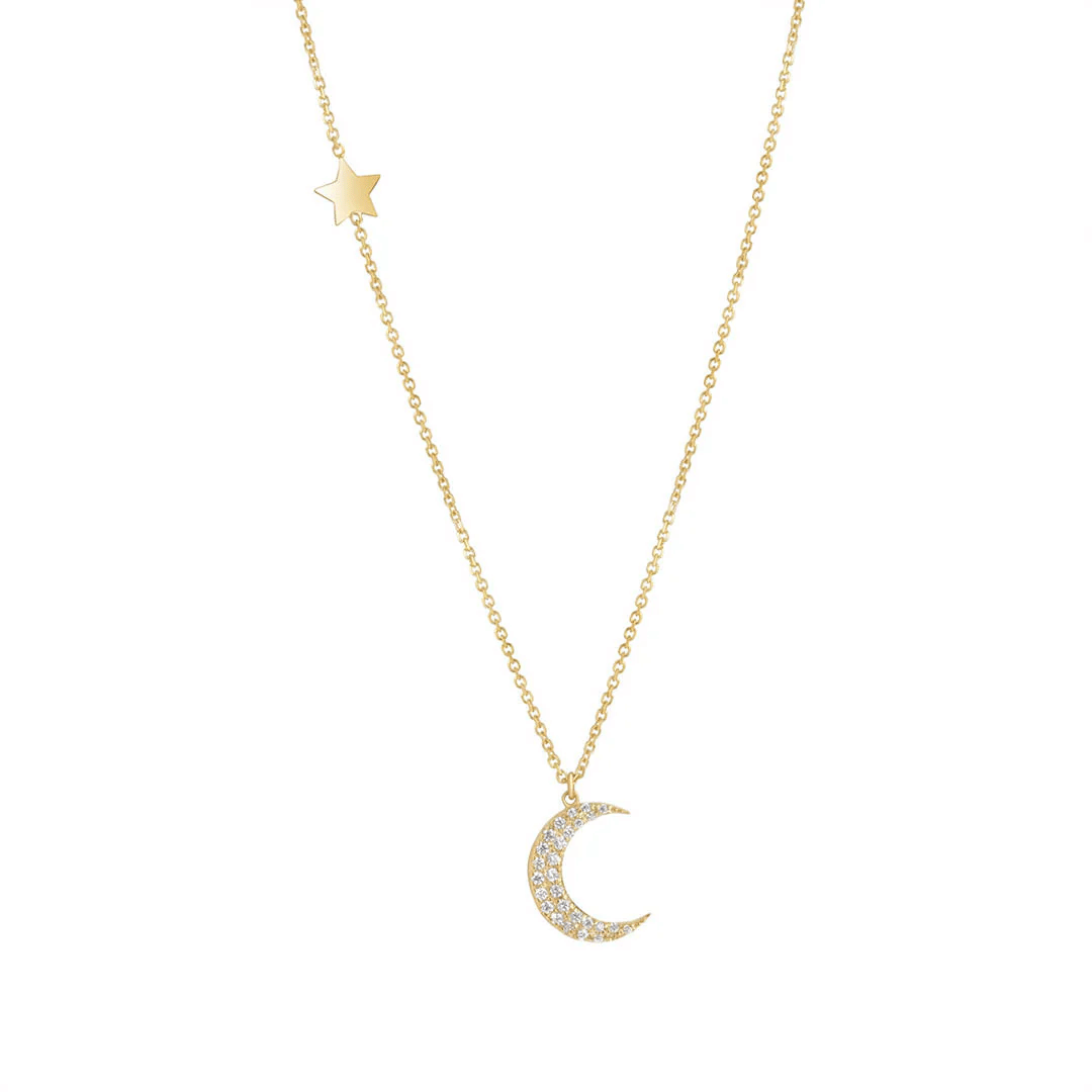 9ct Gold CZ Moon and Star Necklace