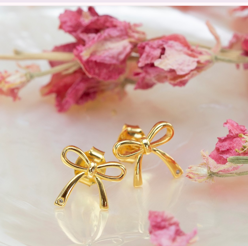 Gold Plated Bow Diamond Stud Earrings