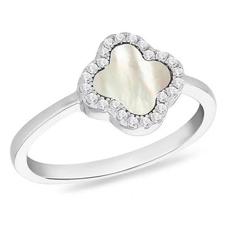Clover Mother of Pearl and White CZ Ring