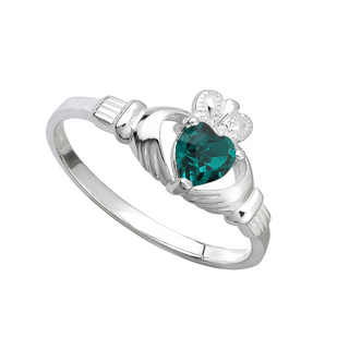 Sterling Silver Green Crystal Claddagh Ring