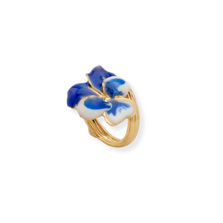 Gold ring with blue and white floral design 