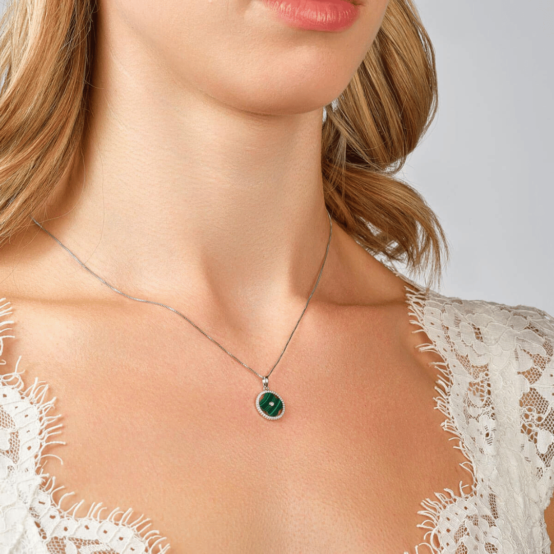 Silver Cubic Zirconia Malachite Flower Pendant