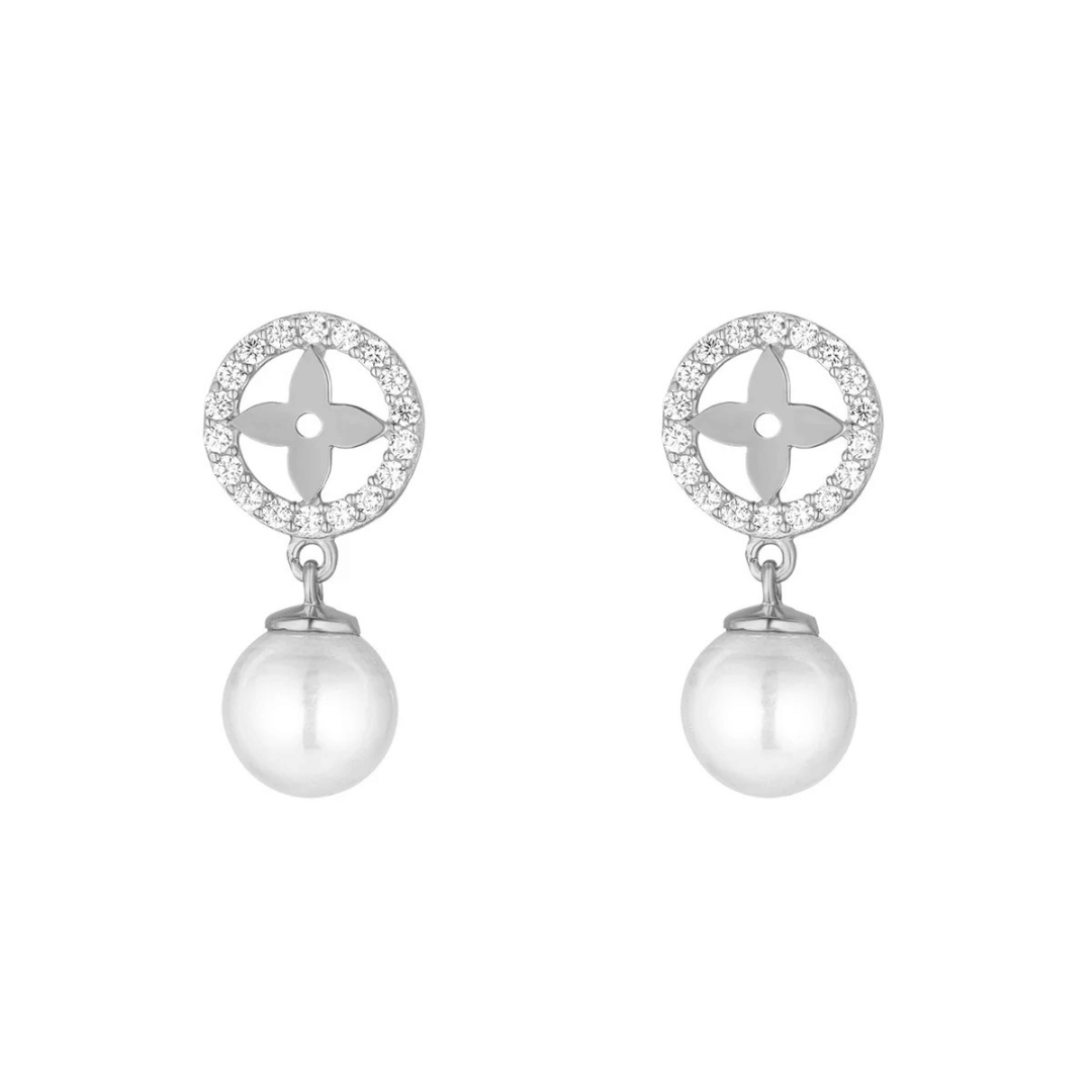 Silver CZ Flower Pearl Drop Earrings