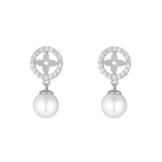 Silver CZ Flower Pearl Drop Earrings