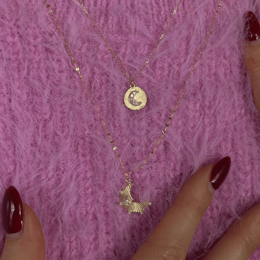 9ct Gold Moon and CZ Heart Necklace