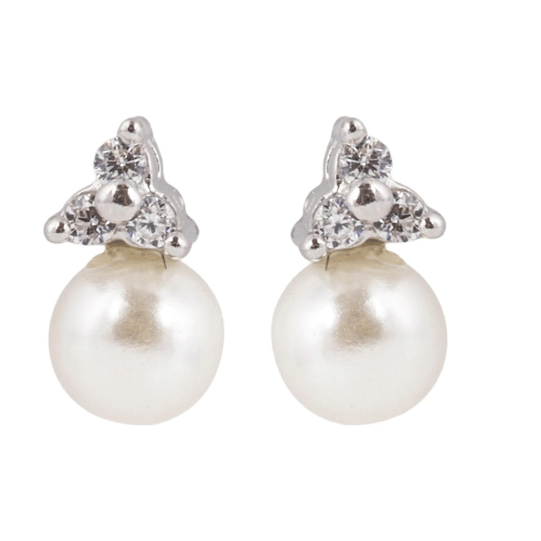 Silver CZ Diamond Shape Pearl Stud Earrings