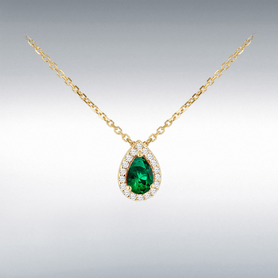 9ct Yellow Gold Green Pear Shape CZ Halo Necklace