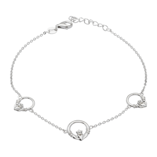 Silver Three Claddagh Link and Chain Bracelet