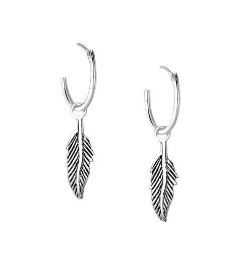 Silver Feather Charm Hoop Earrings